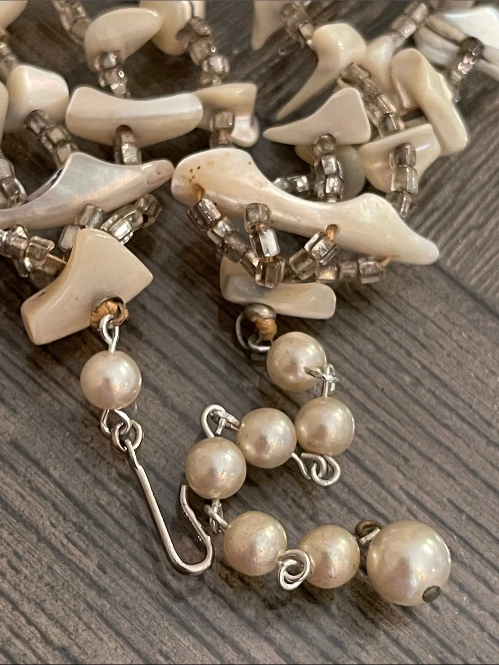 Vintage 4 Strand Mother of Pearl Shell Nugget Statement Necklace Choker